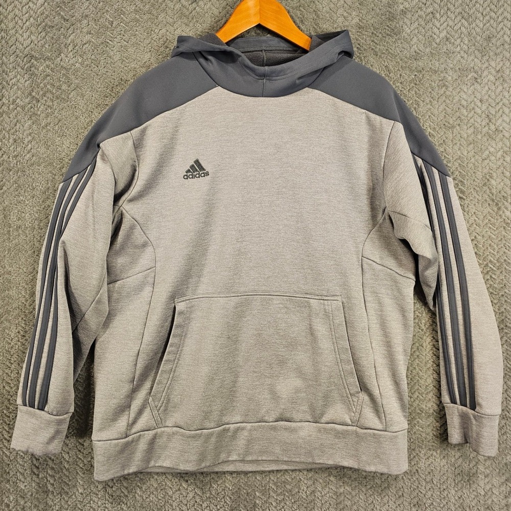 Adidas Mens Grey Performance 3-Stripe Pullover Hoodie Sweatshirt Size Large